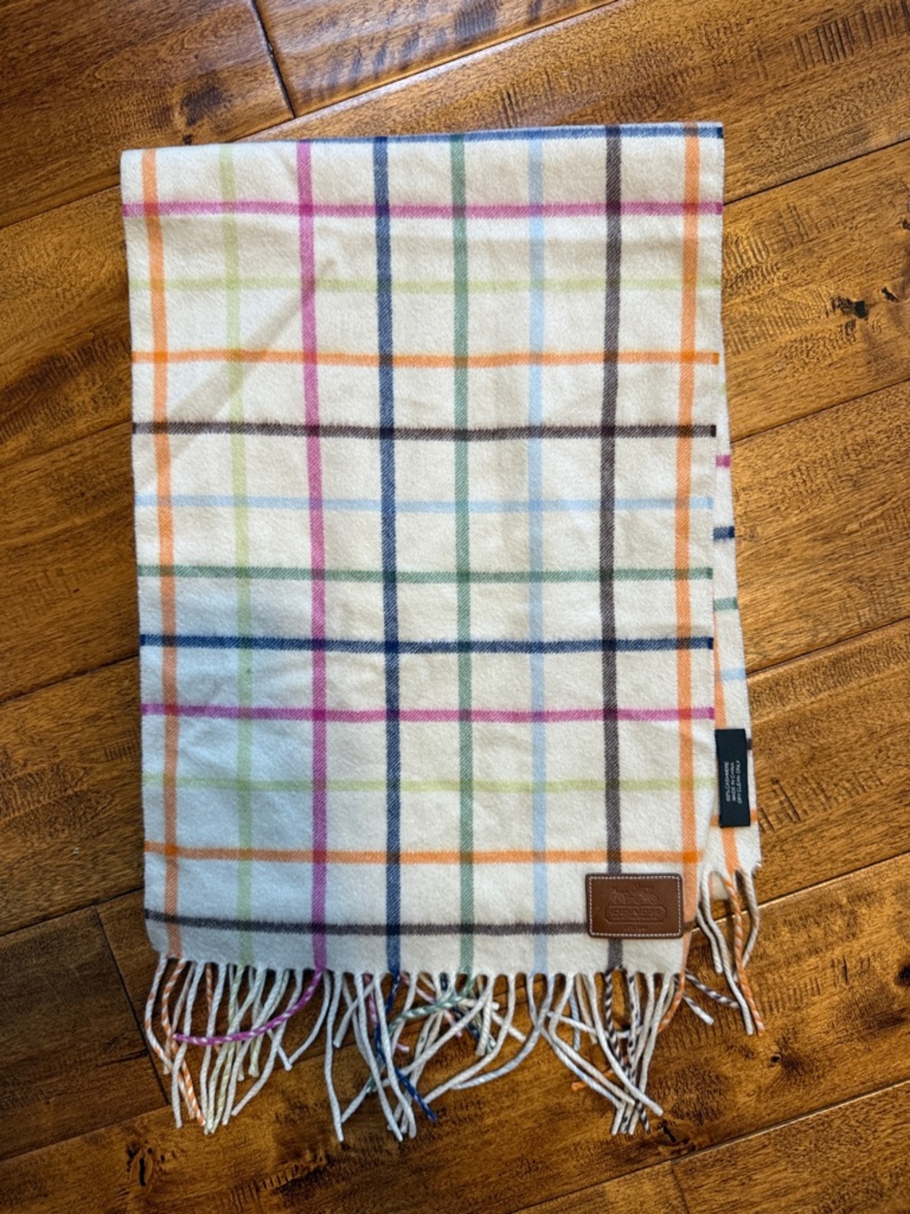 COACH Cashmere Plaid Fringe Scarf in Cream with Multicolor Windowpane